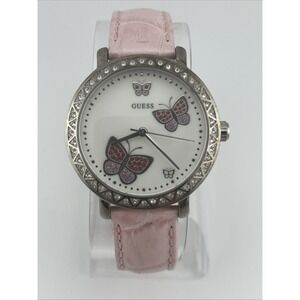 Guess Watch Women 36mm Butterfly Dial Pave‎ Bezel Pink Leather Band- New Battery